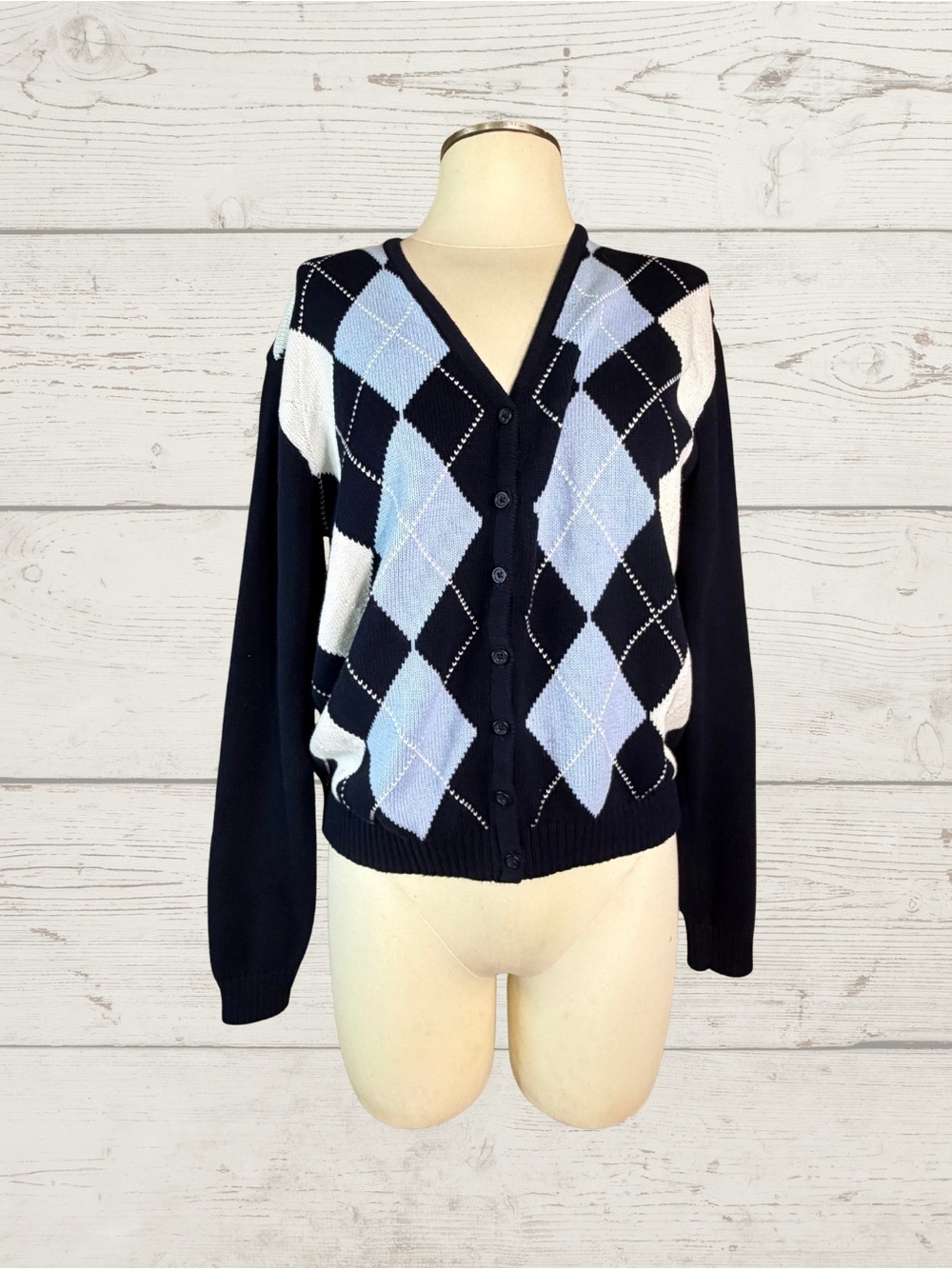 Brandy Melville John Galt Elizabeth Argyle Cardigan Navy Light Blue White Cotton